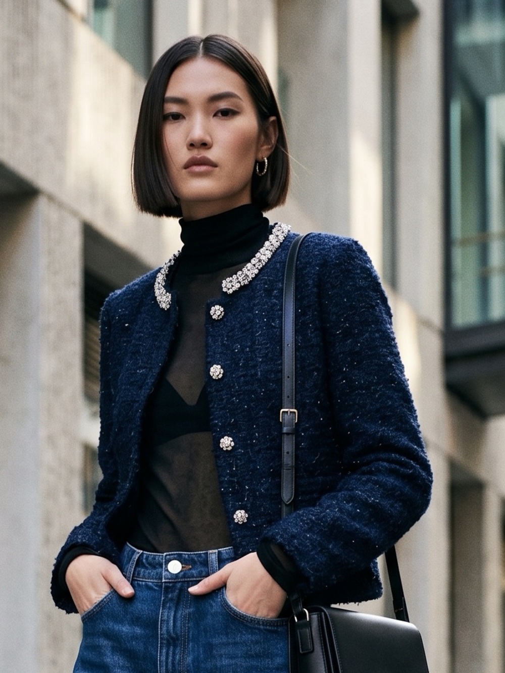NWT Navy Blue Bouclé Tweed Embellished Jacket